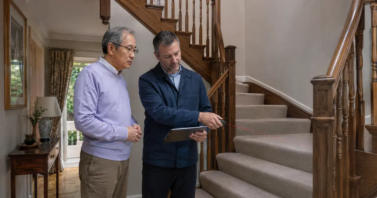 Older homeowner discussing a made-to-measure stairlift with an adviser