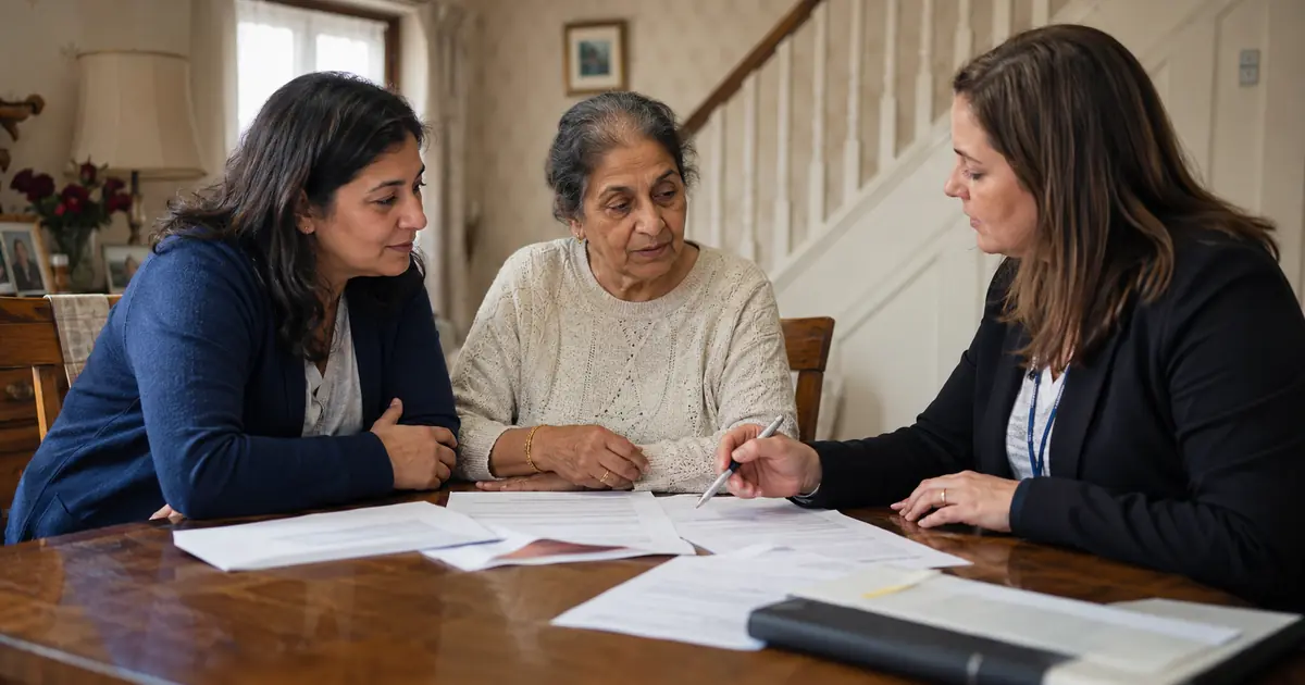 Older homeowner discussing stairlift grants and financial assistance with an adviser