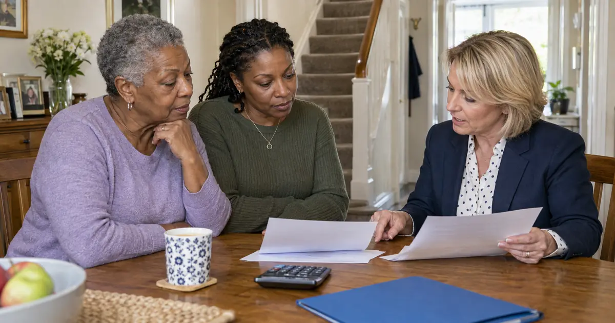 Older homeowner and daughter comparing straight stairlift quotations with an adviser